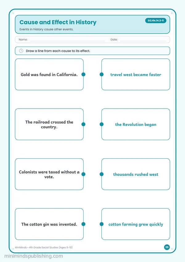 Cause and Effect in History — free printable 4th Grade worksheet