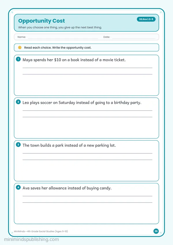Opportunity Cost — free printable 4th Grade worksheet