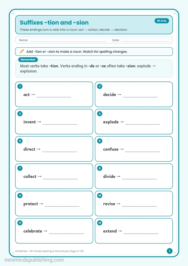 Suffixes -tion and -sion — free printable 4th Grade worksheet