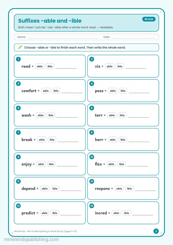 Suffixes -able and -ible — free printable 4th Grade worksheet