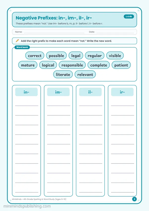 Negative Prefixes: in-, im-, il-, ir- — free printable 4th Grade worksheet