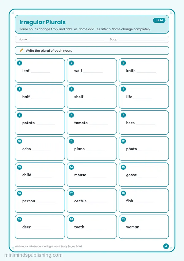 Irregular Plurals — free printable 4th Grade worksheet