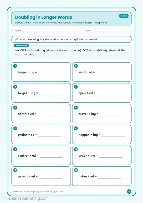 Doubling in Longer Words — free printable 4th Grade worksheet