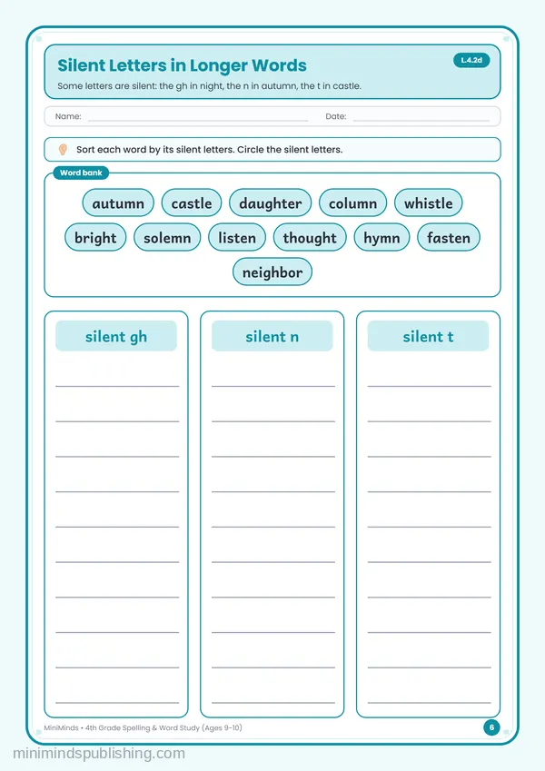 Silent Letters in Longer Words — free printable 4th Grade worksheet