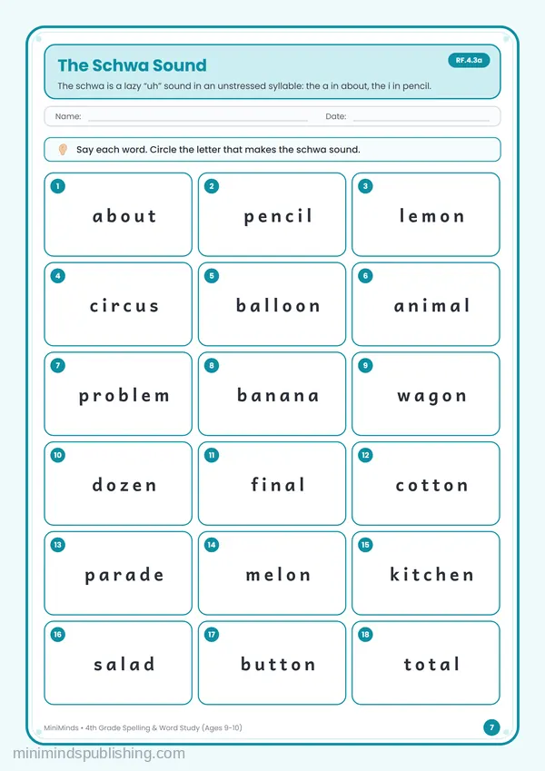 The Schwa Sound — free printable 4th Grade worksheet