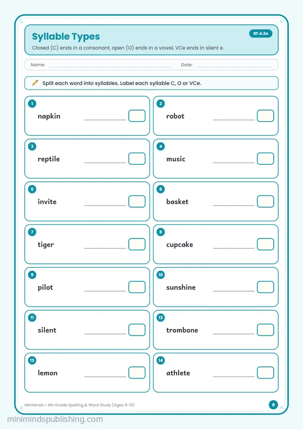Syllable Types — free printable 4th Grade worksheet