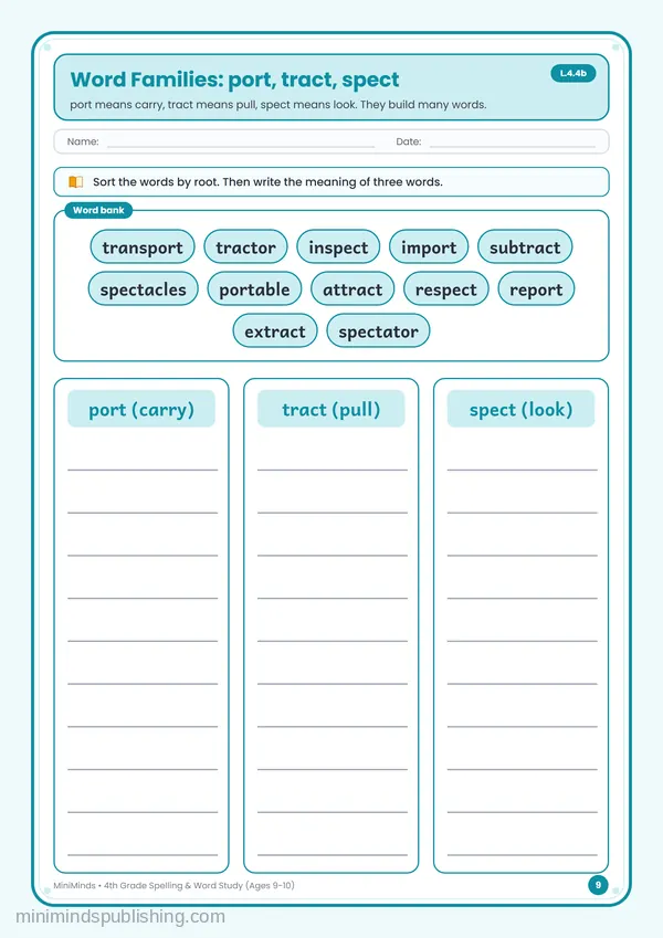 Word Families: port, tract, spect — free printable 4th Grade worksheet