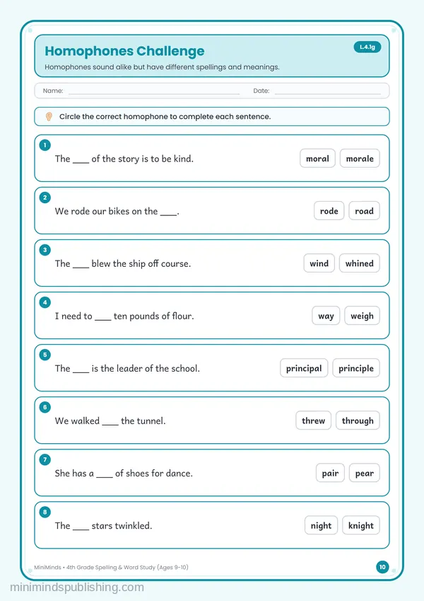 Homophones Challenge — free printable 4th Grade worksheet