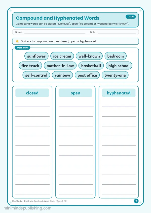 Compound and Hyphenated Words — free printable 4th Grade worksheet