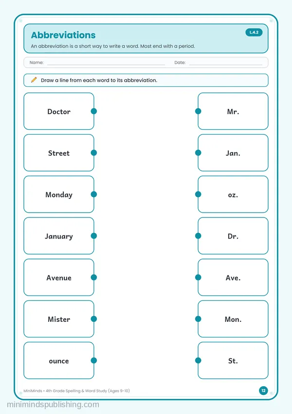 Abbreviations — free printable 4th Grade worksheet