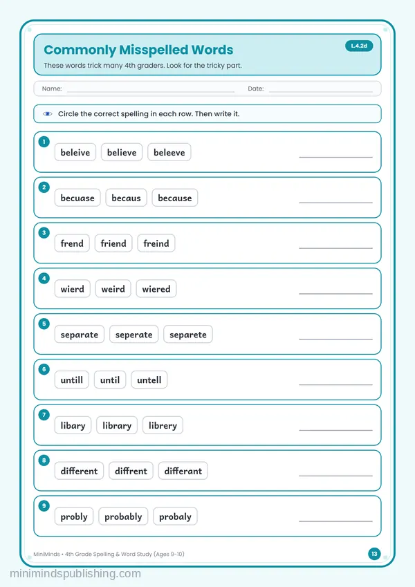 Commonly Misspelled Words — free printable 4th Grade worksheet