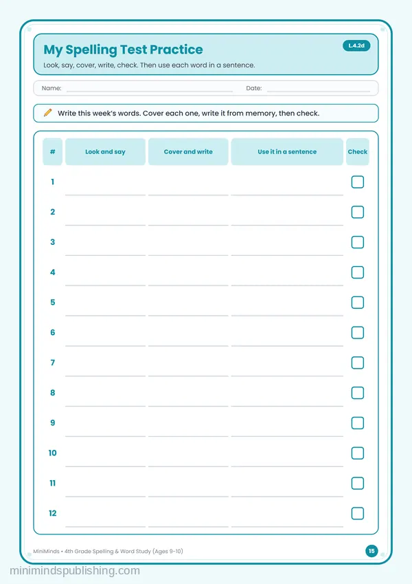 My Spelling Test Practice — free printable 4th Grade worksheet