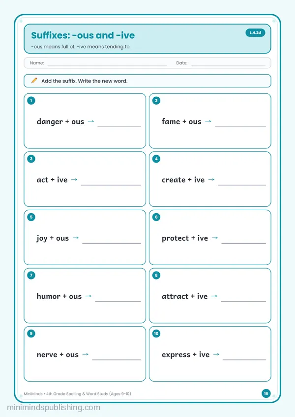 Suffixes: -ous and -ive — free printable 4th Grade worksheet