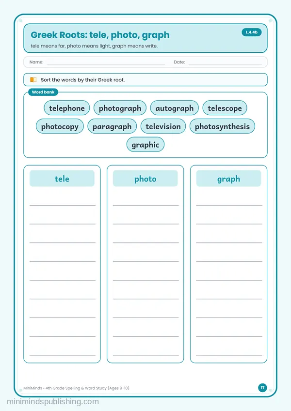 Greek Roots: tele, photo, graph — free printable 4th Grade worksheet