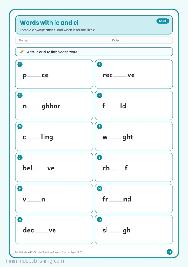 Words with ie and ei — free printable 4th Grade worksheet