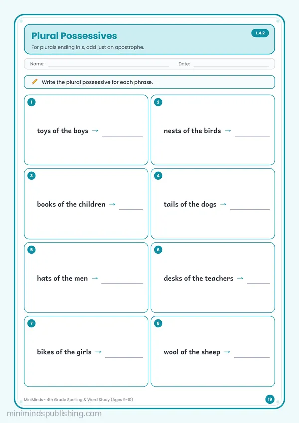Plural Possessives — free printable 4th Grade worksheet