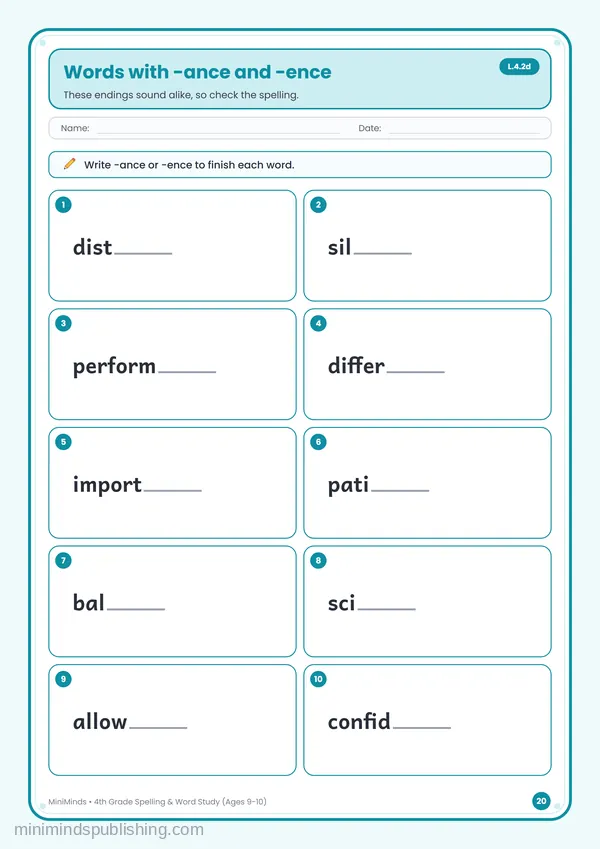 Words with -ance and -ence — free printable 4th Grade worksheet