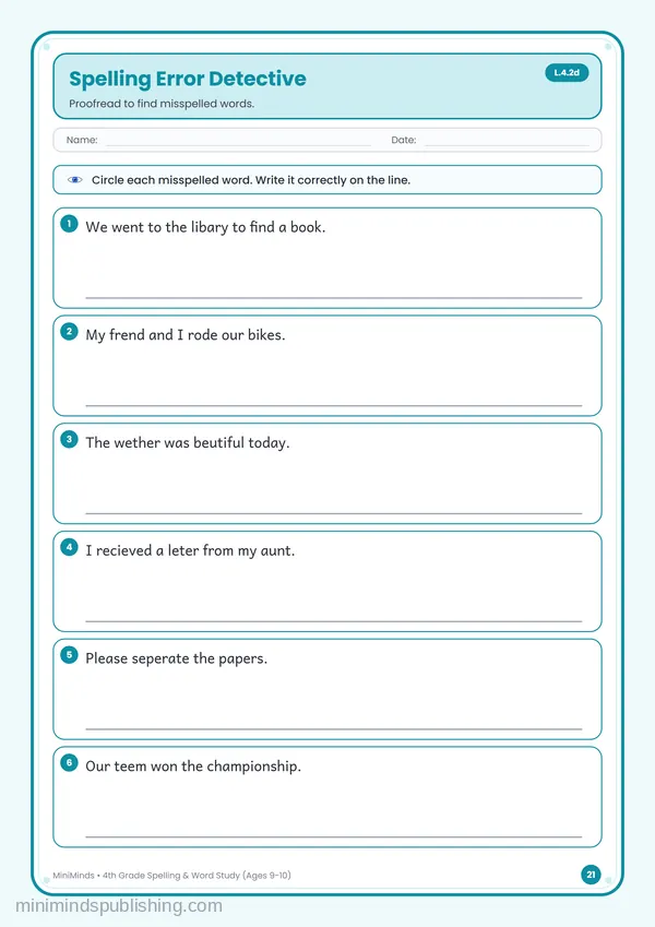 Spelling Error Detective — free printable 4th Grade worksheet