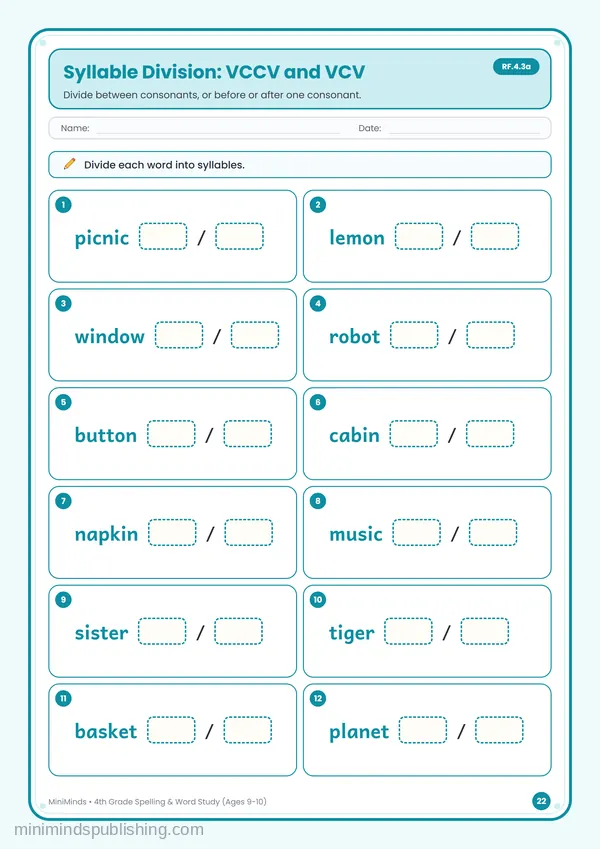 Syllable Division: VCCV and VCV — free printable 4th Grade worksheet