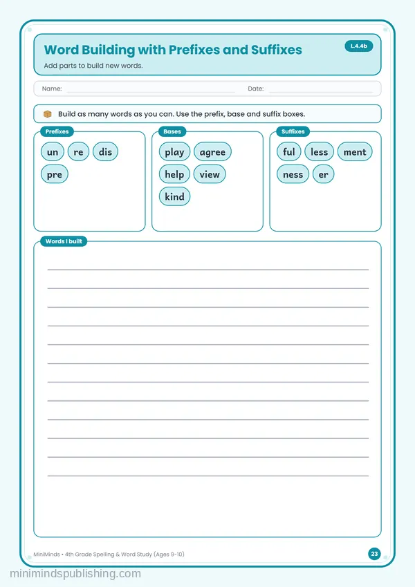 Word Building with Prefixes and Suffixes — free printable 4th Grade worksheet