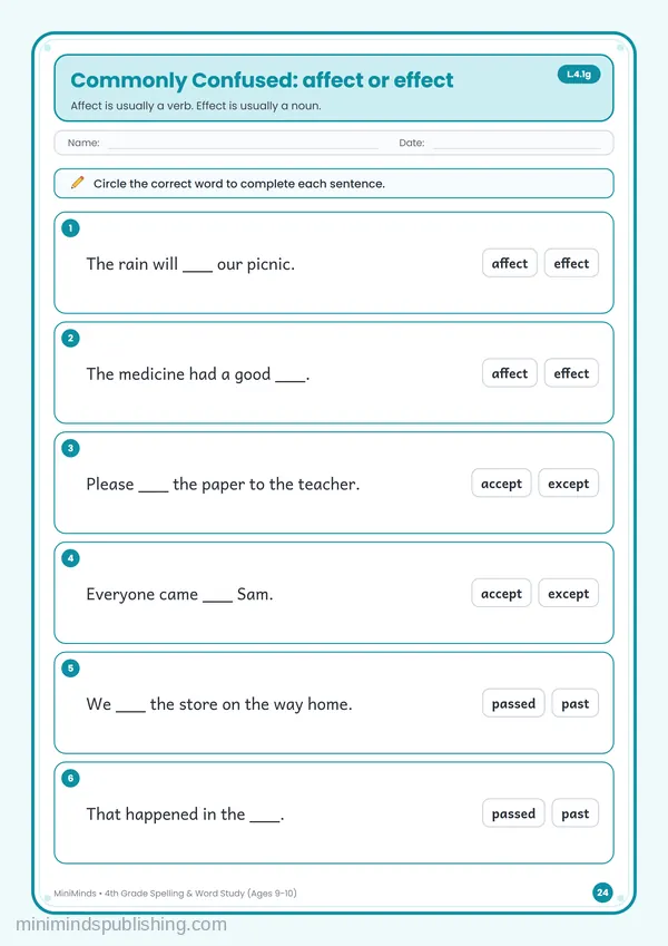 Commonly Confused: affect or effect — free printable 4th Grade worksheet