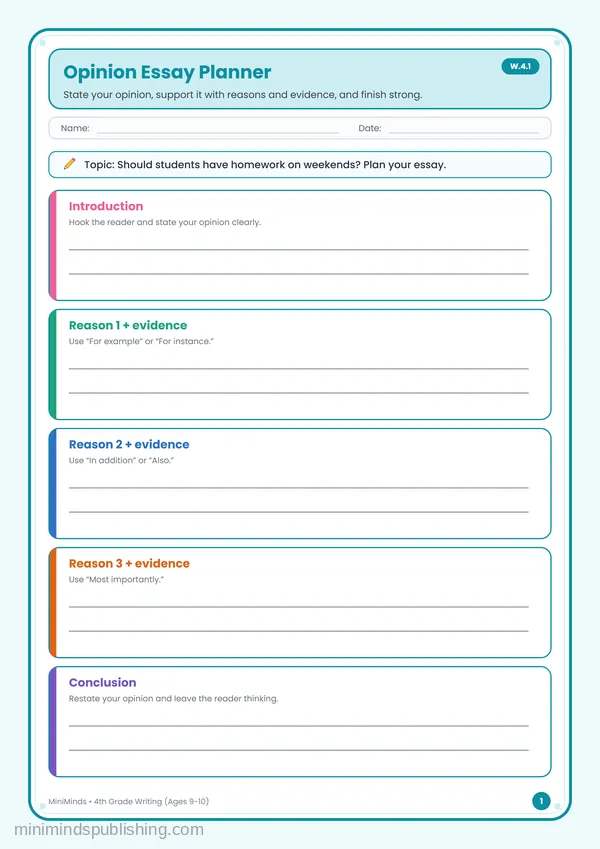 Opinion Essay Planner — free printable 4th Grade worksheet