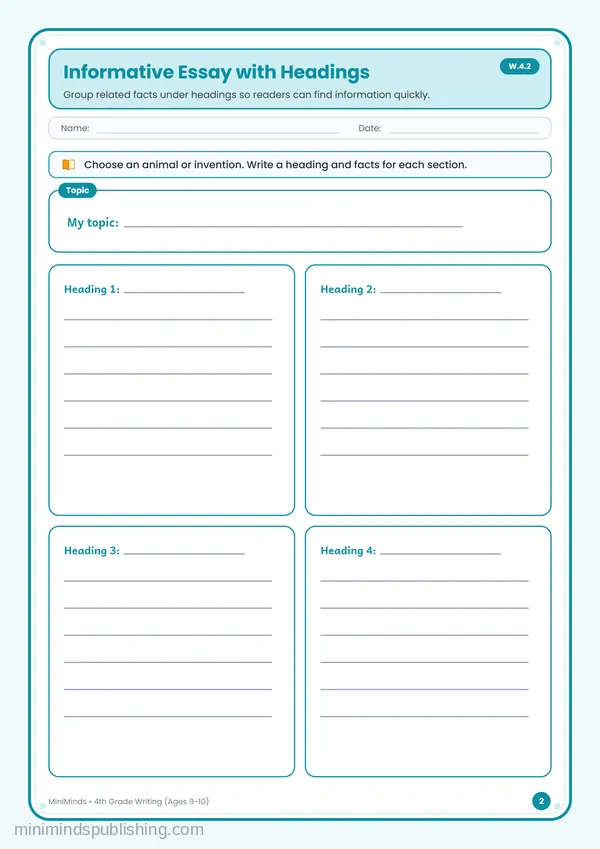 Informative Essay with Headings — free printable 4th Grade worksheet