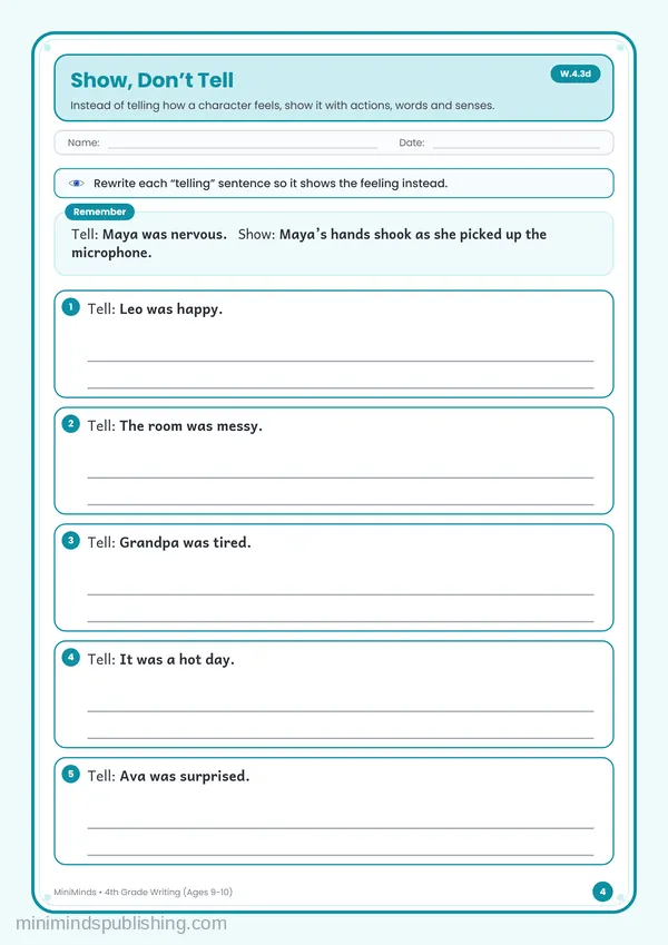 Show, Don’t Tell — free printable 4th Grade worksheet