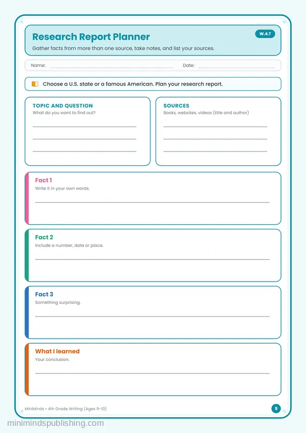 Research Report Planner — free printable 4th Grade worksheet