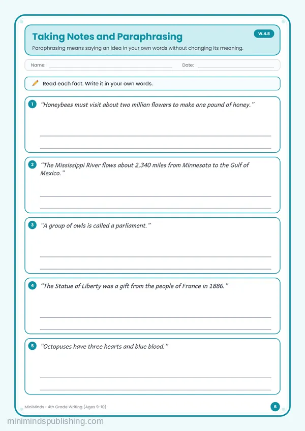 Taking Notes and Paraphrasing — free printable 4th Grade worksheet