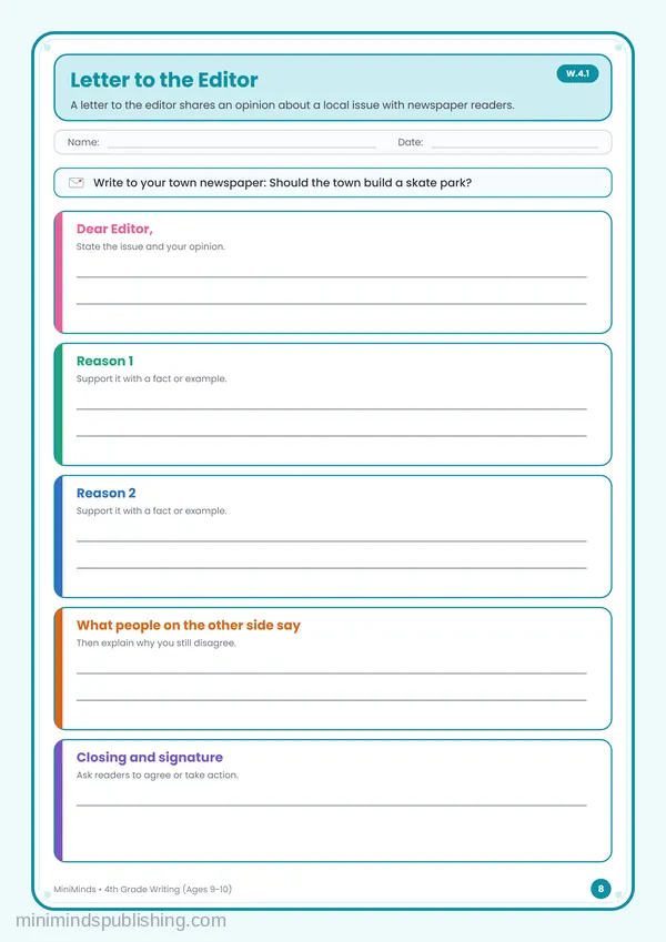 Letter to the Editor — free printable 4th Grade worksheet