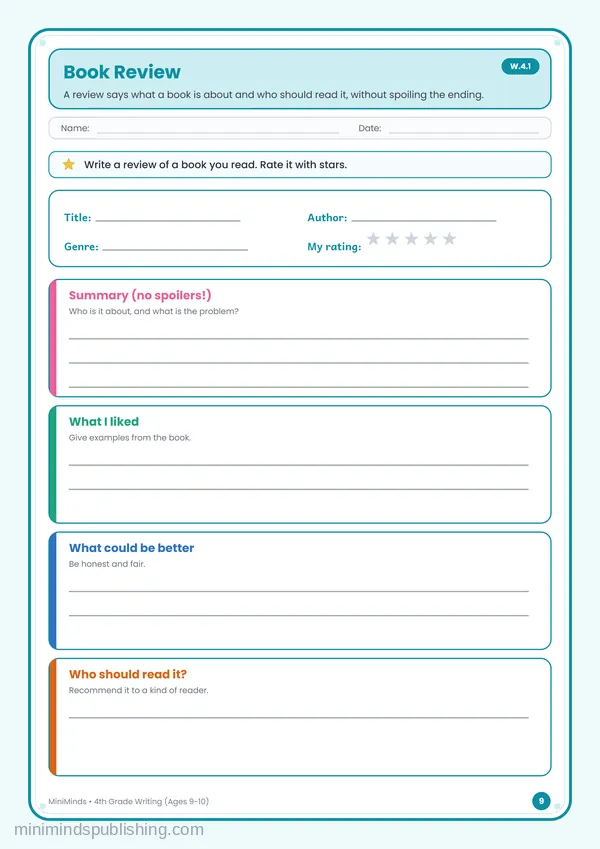 Book Review — free printable 4th Grade worksheet