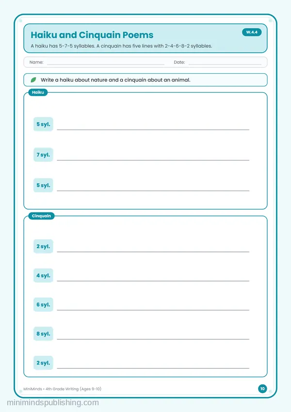 Haiku and Cinquain Poems — free printable 4th Grade worksheet