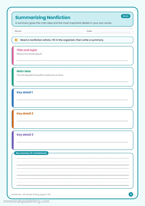 Summarizing Nonfiction — free printable 4th Grade worksheet