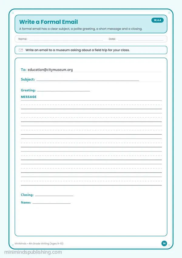 Write a Formal Email — free printable 4th Grade worksheet