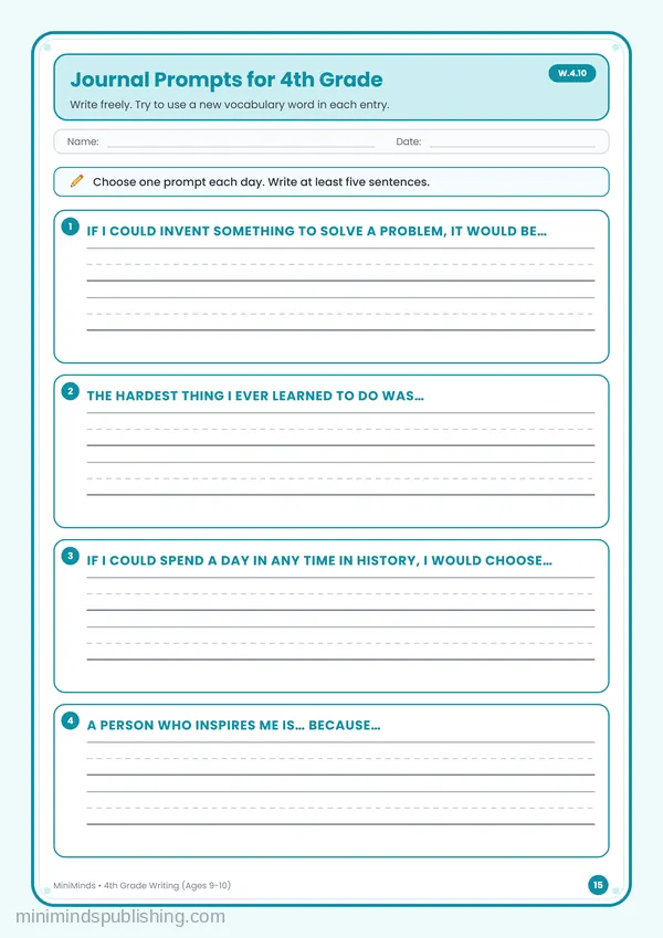 Journal Prompts for 4th Grade — free printable 4th Grade worksheet