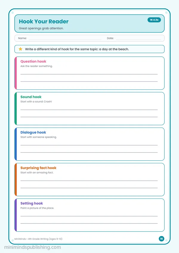 Hook Your Reader — free printable 4th Grade worksheet