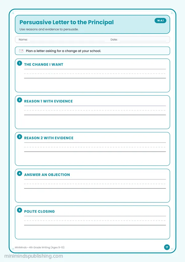 Persuasive Letter to the Principal — free printable 4th Grade worksheet
