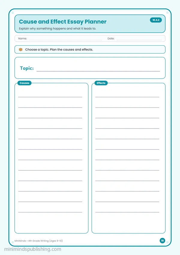 Cause and Effect Essay Planner — free printable 4th Grade worksheet