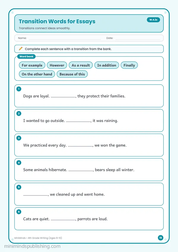 Transition Words for Essays — free printable 4th Grade worksheet