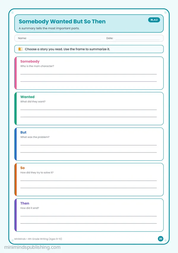 Somebody Wanted But So Then — free printable 4th Grade worksheet