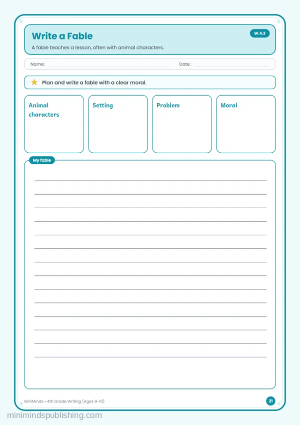 Write a Fable — free printable 4th Grade worksheet