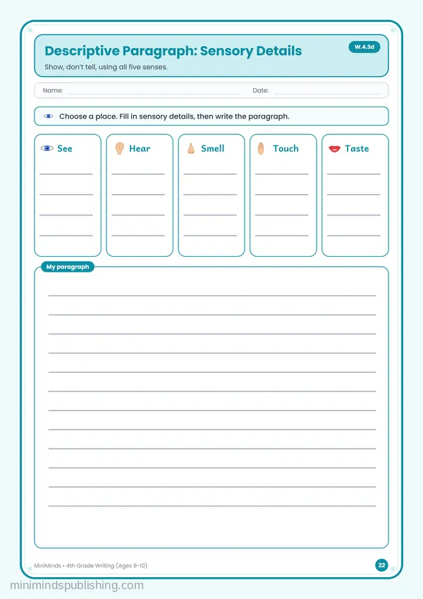 Descriptive Paragraph: Sensory Details — free printable 4th Grade worksheet