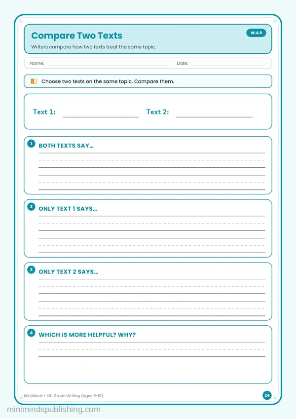 Compare Two Texts — free printable 4th Grade worksheet