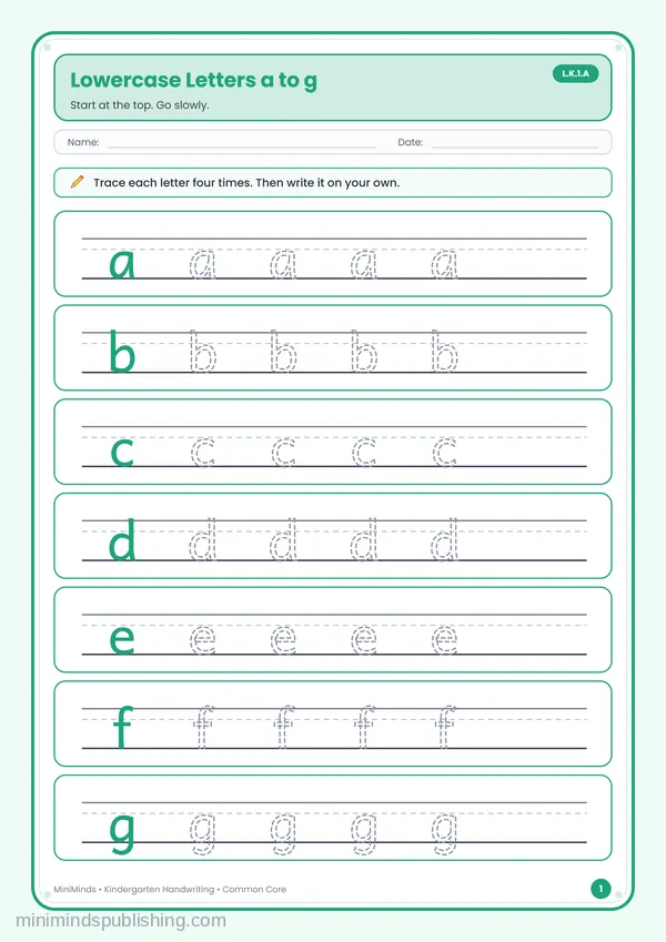 Lowercase Letters a to g — free printable Kindergarten worksheet