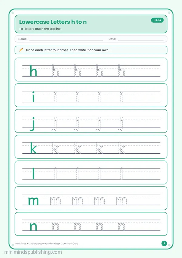 Lowercase Letters h to n — free printable Kindergarten worksheet