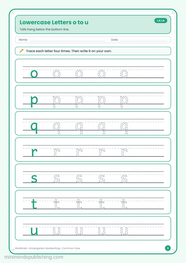 Lowercase Letters o to u — free printable Kindergarten worksheet