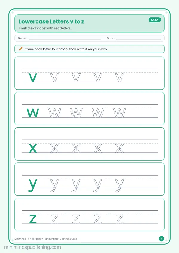 Lowercase Letters v to z — free printable Kindergarten worksheet