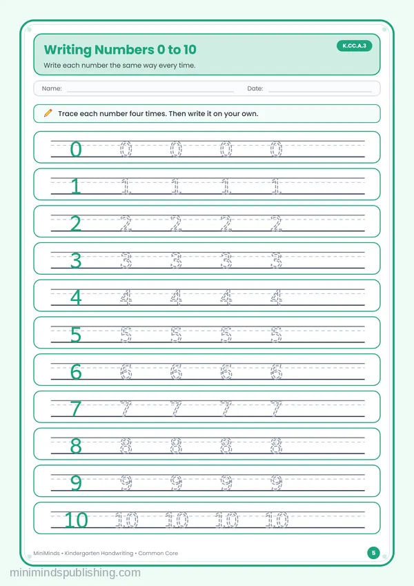 Writing Numbers 0 to 10 — free printable Kindergarten worksheet