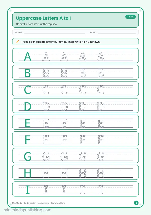 Uppercase Letters A to I — free printable Kindergarten worksheet